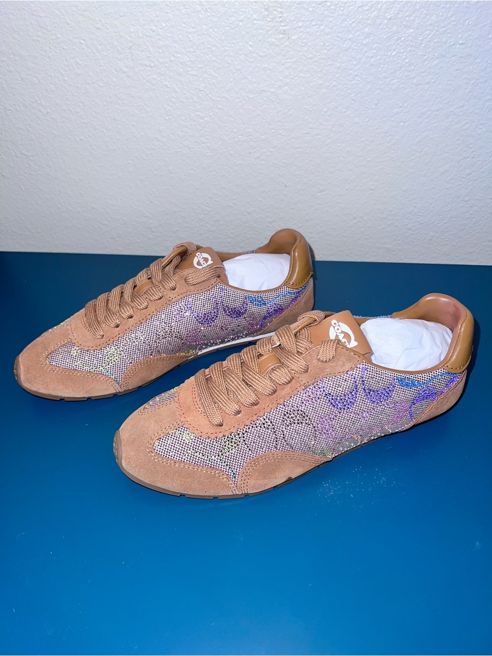Coach Tan Suede Sneakers with multicolor crystal signature jacquard